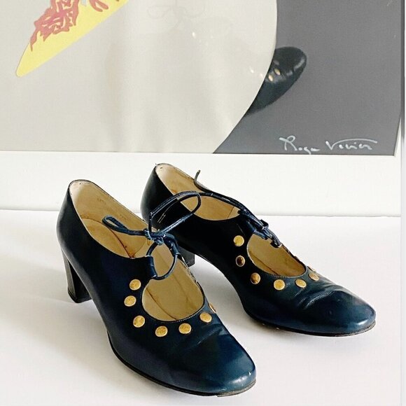 Vintage Roger Vivier Navy Blue Leather Ghillie Pumps with Metal Ornamentation, N - Picture 14 of 16
